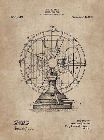 Patent Document of an Oscillating Fan Black Ornate Wood Framed Art Print with Double Matting by CAG