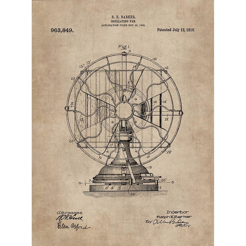 Patent Document of an Oscillating Fan White Modern Wood Framed Art Print by CAG