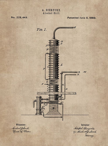 Patent Document of an Alcohol Still Black Ornate Wood Framed Art Print with Double Matting by CAG