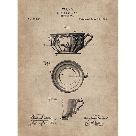 Patent Document of a Cup or Bowl Gold Ornate Wood Framed Art Print with Double Matting by CAG