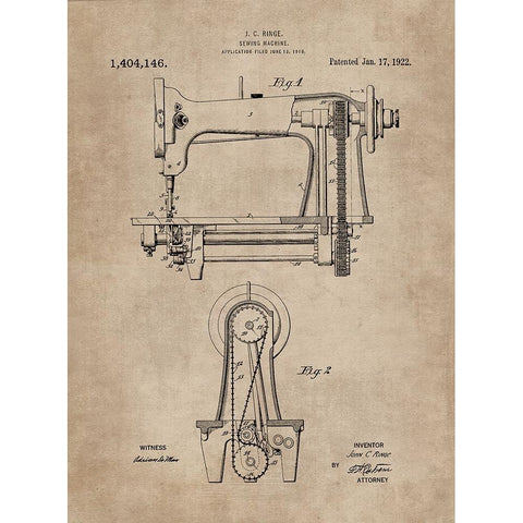 Patent Document of a Sewing Machine Gold Ornate Wood Framed Art Print with Double Matting by CAG