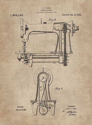 Patent Document of a Sewing Machine White Modern Wood Framed Art Print with Double Matting by CAG