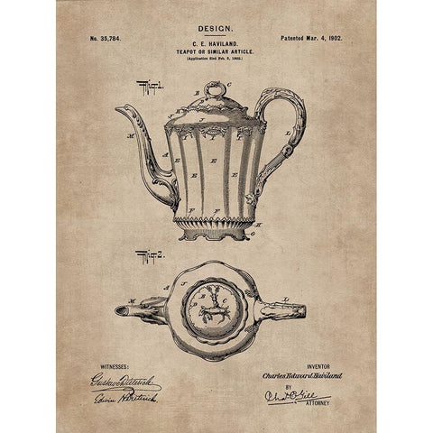 Patent Document of a Teapot White Modern Wood Framed Art Print by CAG