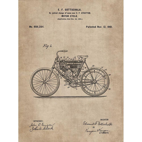 Patent Document of a Motor Cycle White Modern Wood Framed Art Print by CAG