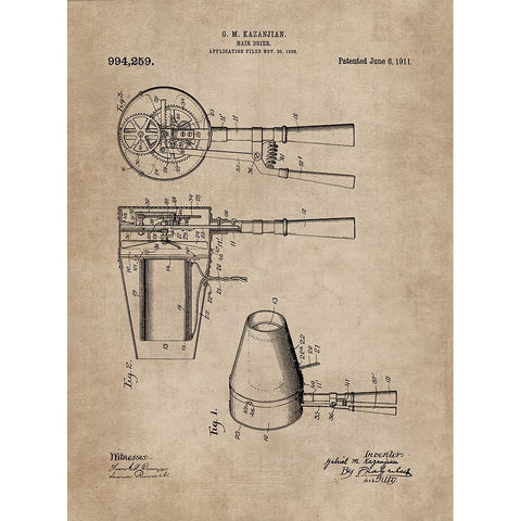 Patent Document of a Hair Dryer White Modern Wood Framed Art Print by CAG