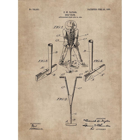 Patent Document of a Golf Club White Modern Wood Framed Art Print by CAG