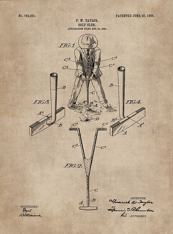 Patent Document of a Golf Club Black Ornate Wood Framed Art Print with Double Matting by CAG