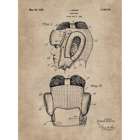 Patent Document of a Headguard for Boxers Gold Ornate Wood Framed Art Print with Double Matting by CAG