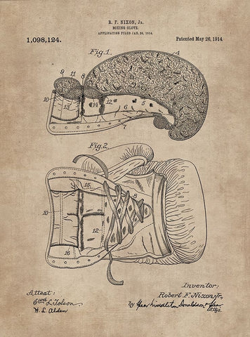 Patent Document of a Boxing Glove Black Ornate Wood Framed Art Print with Double Matting by CAG