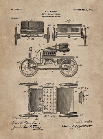 Patent Document of a Motor Road Vehicle Black Ornate Wood Framed Art Print with Double Matting by CAG