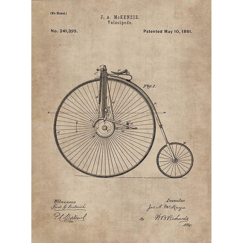 Patent Document of a Velocipede Gold Ornate Wood Framed Art Print with Double Matting by CAG