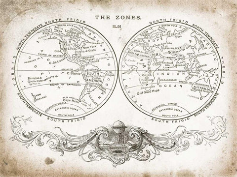 Zone World Map I Black Ornate Wood Framed Art Print with Double Matting by Babbit, Gwendolyn