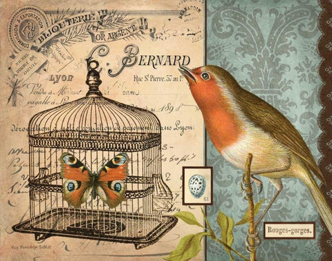 Bird and Cage II Black Ornate Wood Framed Art Print with Double Matting by Babbit, Gwendolyn