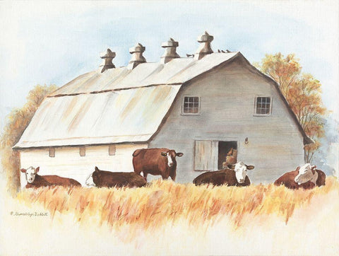 White Barn and Cattle White Modern Wood Framed Art Print with Double Matting by Babbitt, Gwendolyn