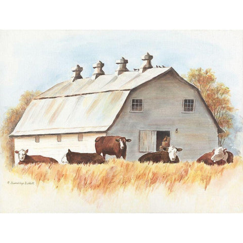 White Barn and Cattle Gold Ornate Wood Framed Art Print with Double Matting by Babbitt, Gwendolyn