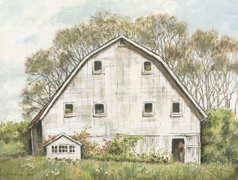 White Barn and Roses Black Ornate Wood Framed Art Print with Double Matting by Babbitt, Gwendolyn