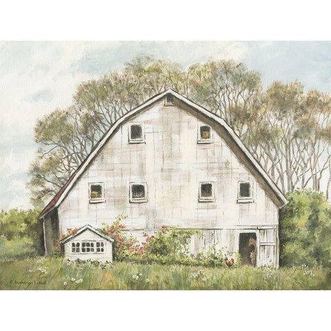 White Barn and Roses Gold Ornate Wood Framed Art Print with Double Matting by Babbitt, Gwendolyn