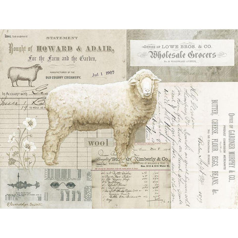 Sheep On Ephemera I Gold Ornate Wood Framed Art Print with Double Matting by Babbitt, Gwendolyn