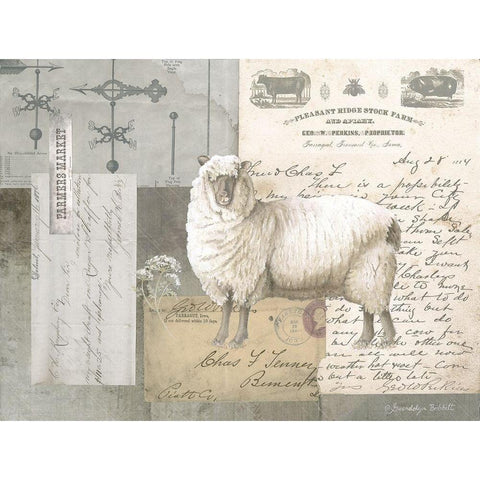 Sheep On Ephemera II Gold Ornate Wood Framed Art Print with Double Matting by Babbitt, Gwendolyn