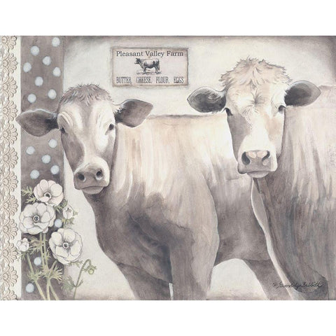 Two Cream Cows White Modern Wood Framed Art Print by Babbitt, Gwendolyn