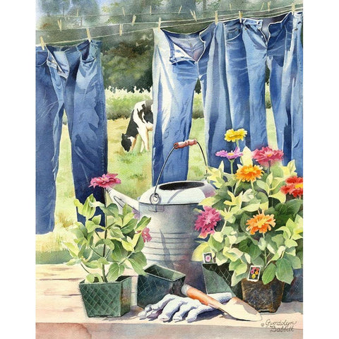 Blue jeans, Zinnias and Cow Gold Ornate Wood Framed Art Print with Double Matting by Babbitt, Gwendolyn