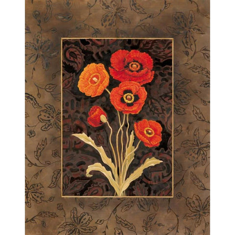 Damask Poppies Gold Ornate Wood Framed Art Print with Double Matting by Brent, Paul