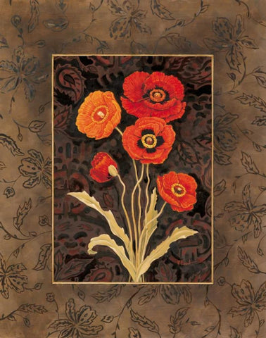 Damask Poppies White Modern Wood Framed Art Print with Double Matting by Brent, Paul