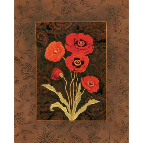 Damask Poppy Gold Ornate Wood Framed Art Print with Double Matting by Brent, Paul