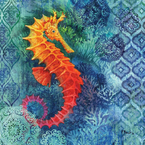 Seahorse Batik Sq Black Ornate Wood Framed Art Print with Double Matting by Brent, Paul