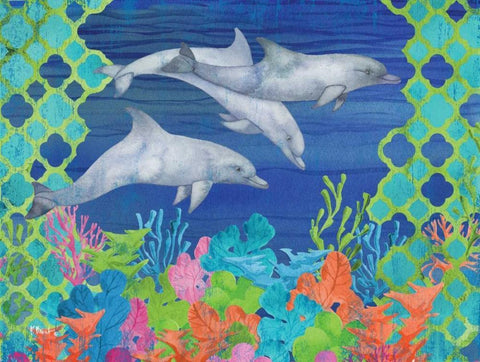 Geo Ocean Dolphins White Modern Wood Framed Art Print with Double Matting by Brent, Paul