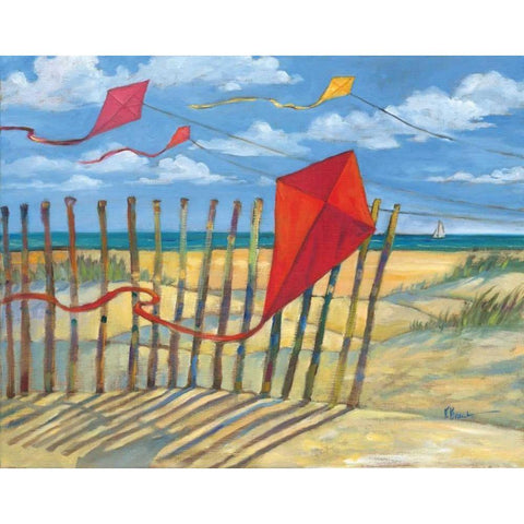 Beach Kites Red Gold Ornate Wood Framed Art Print with Double Matting by Brent, Paul