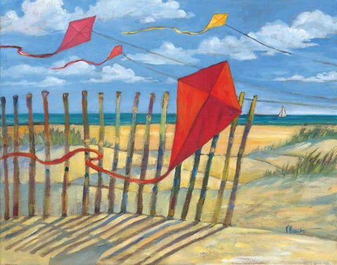 Beach Kites Red White Modern Wood Framed Art Print with Double Matting by Brent, Paul