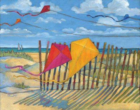 Beach Kites Yellow White Modern Wood Framed Art Print with Double Matting by Brent, Paul