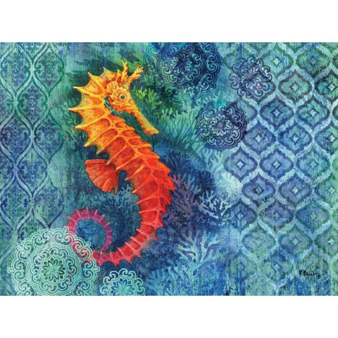 Seahorse Batik Gold Ornate Wood Framed Art Print with Double Matting by Brent, Paul