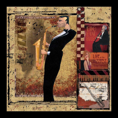 Jazz Sax Black Ornate Wood Framed Art Print with Double Matting by CW Designs Inc.