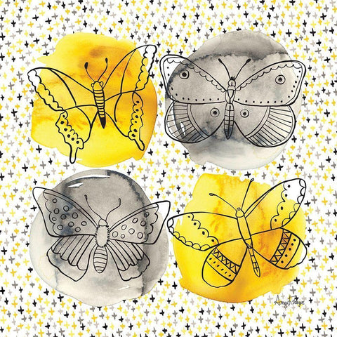 Gray and Yellow Butterflies I Black Modern Wood Framed Art Print with Double Matting by Frazer, Amy