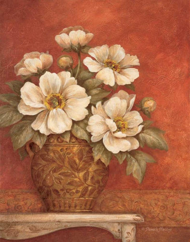 Villa Flora Peonies White Modern Wood Framed Art Print with Double Matting by Gladding, Pamela