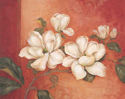 Magnolias White Modern Wood Framed Art Print with Double Matting by Gladding, Pamela