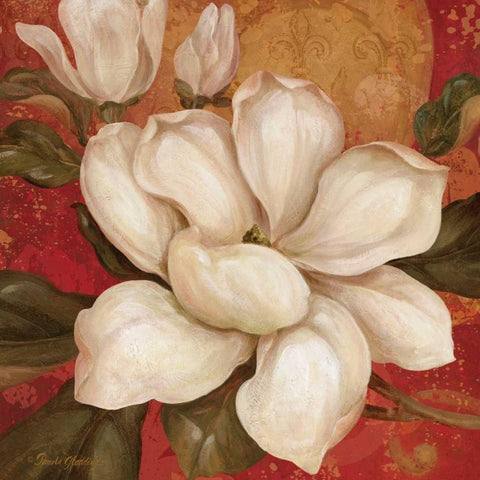 Magnolia on Red I Black Ornate Wood Framed Art Print with Double Matting by Gladding, Pamela