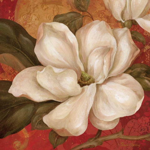 Magnolia on Red II White Modern Wood Framed Art Print with Double Matting by Gladding, Pamela