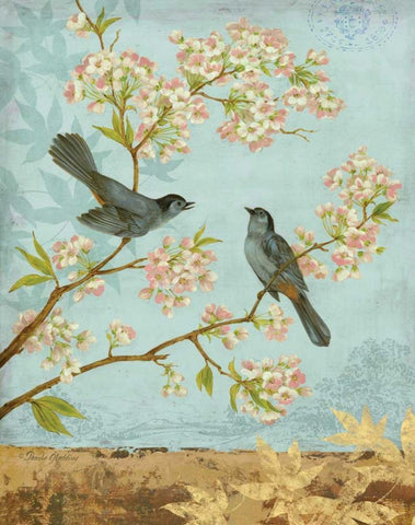 Catbirds and Blooms Black Ornate Wood Framed Art Print with Double Matting by Gladding, Pamela