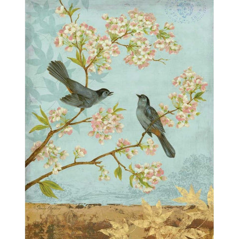 Catbirds and Blooms Gold Ornate Wood Framed Art Print with Double Matting by Gladding, Pamela