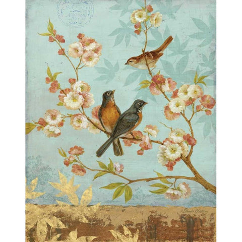 Robins and Blooms Gold Ornate Wood Framed Art Print with Double Matting by Gladding, Pamela