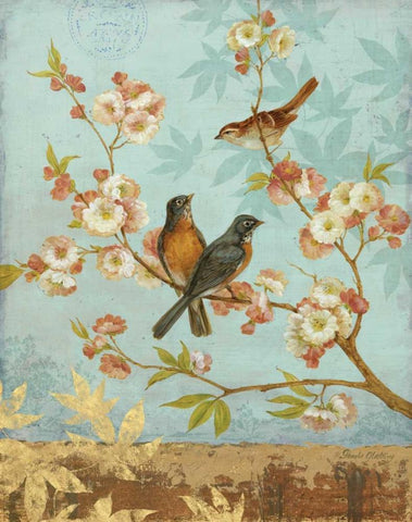 Robins and Blooms Black Ornate Wood Framed Art Print with Double Matting by Gladding, Pamela