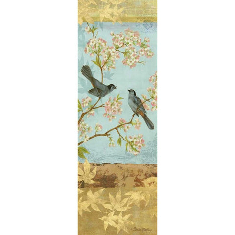 Catbirds and Blooms Panel Black Modern Wood Framed Art Print with Double Matting by Gladding, Pamela