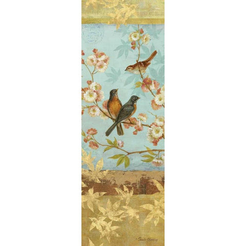 Robins and Blooms Panel Black Modern Wood Framed Art Print with Double Matting by Gladding, Pamela