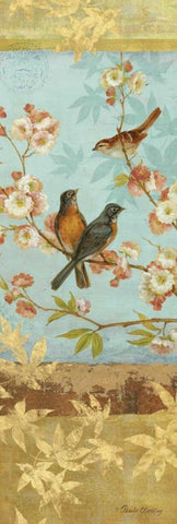 Robins and Blooms Panel Black Ornate Wood Framed Art Print with Double Matting by Gladding, Pamela