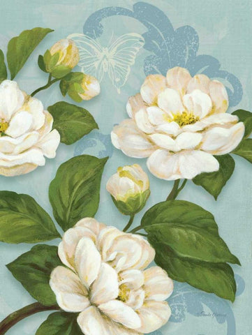 Camellias White Modern Wood Framed Art Print with Double Matting by Gladding, Pamela