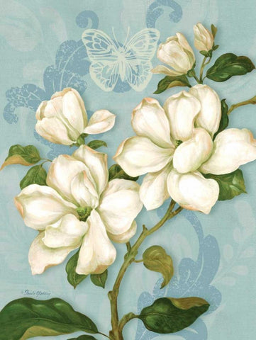 Magnolias White Modern Wood Framed Art Print with Double Matting by Gladding, Pamela
