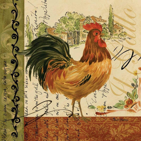 Viva Italia Roosters III Gold Ornate Wood Framed Art Print with Double Matting by Gladding, Pamela